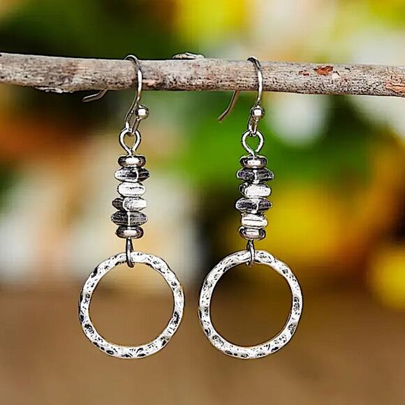 Boho Geometric Silver Irregular Earrings Circle Beaded - Picture 6 of 7
